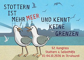 2026 findet der Kongress Stottern & Selbsthilfe in Stralsund statt. Werbemotiv vom Kongress Stottern & Selbsthilfe 2026: Illustration, zwei Möven vor Skyline Stralsund am Meer