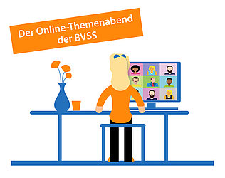 Der überregionale Erfahrungsaustausch über Stottern läuft online. Illustration wie ein Cartoon, Frau sitzt am PC, viele Menschen auf dem Monitor, Videokonferenz.