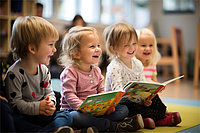 Stottern beginnt häufig im Alter zwischen 2 und 6 Jahren. Vierl Kindergartenkinder sitzen nebeneinander und schauen in Bilderbücher.